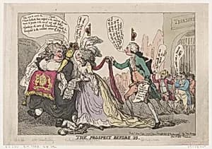 The Prospect Before Us by Charles James Fox|George IV, King of Great Britain and Ireland|Georgiana, Duchess of Devonshire|S. W. Fores|Queen Charlotte, consort of George III of England|William Cavendish-Bentinck, 3rd Duke of Portland|Thomas Rowlandson|Warren Hastings|William Pitt the Younger