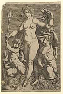 Thetis Standing with Two Tritons by Giorgio Ghisi|Perino del Vaga (Pietro Buonaccorsi)|Anonymous, Italian?, 16th century