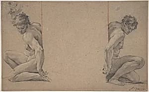 Two Crouching Nude Male Figures by Simon Vouet