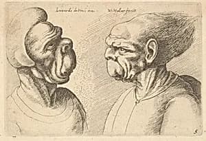 Two deformed heads facing inwards by Leonardo da Vinci|Wenceslaus Hollar