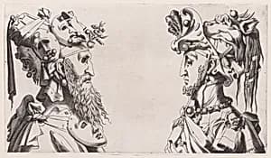 Two Fantastical Masked Masculine Heads by Anonymous, 16th century|René Boyvin|Rosso Fiorentino