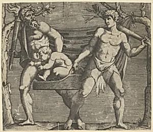 Two Fauns Carrying a Child by Anonymous, Italian, 16th to early 17th century|Marcantonio Raimondi
