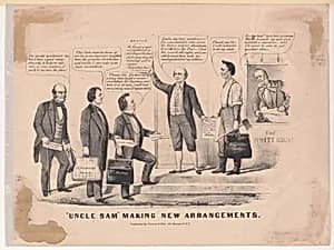 "Uncle Sam" Making New Arrangements by Stephen Arnold Douglas|Currier & Ives|John Bell|John C. Breckinridge|Louis Maurer|James Buchanan, Jr.|Abraham Lincoln