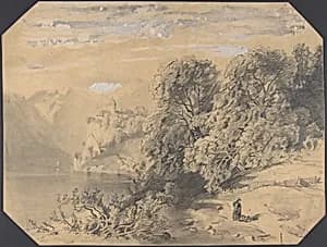 Woman with a dog by a mountain lake by Alexandre Calame