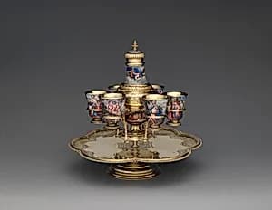 "Four Seasons" enamel liqueur service by Jean-Baptiste de Poilly|Elias Adam|Johann Jacob Priester I|Pierre Mignard 