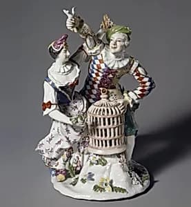 Harlequin and Columbine with birdcage by Johann Friedrich Kändler|Ansbach Pottery and Porcelain Manufactory