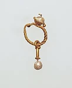 Gold earring with pearl pendant by Unknown Artist