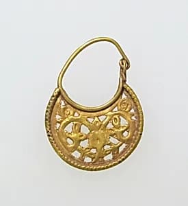 Gold lunate earring with scrolls by Unknown Artist