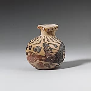 Terracotta aryballos (oil flask) by Kaeppeli Painter