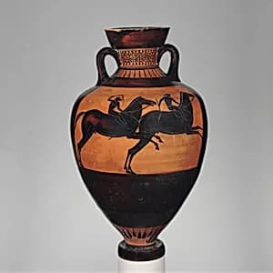 Terracotta Panathenaic prize amphora (jar) by Eucharides Painter