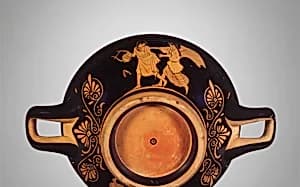 Terracotta stemless kylix (drinking cup) by Penthesilea Painter