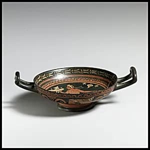 Terracotta stemless kylix (drinking cup) by Amphorae Painter