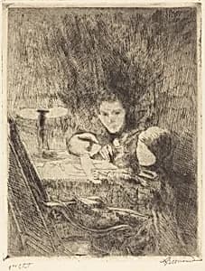 By the Lamp (Sous la Lampe) by Albert Besnard