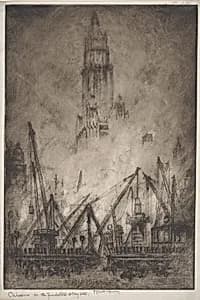 Caissons on Vesey Street by Joseph Pennell