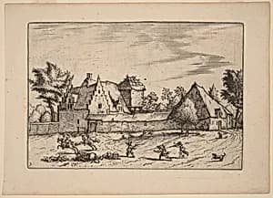 Farms in a Court by Johannes van Doetechum, the Elder and Lucas van Doetechum after Master of the Small Landscapes