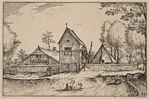 Large Walled Farm by Claes Jansz Visscher after Johannes van Doetechum, the Elder after Lucas van Doetechum after Master of the Small Landscapes