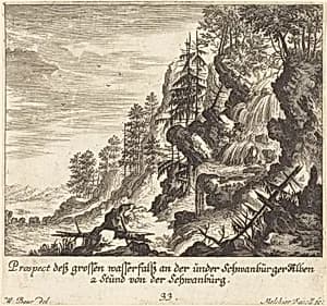Large Waterfall, Schwanburg by Melchior Küsel after Johann Wilhelm Baur