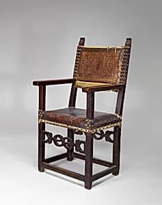 Leather-covered Walnut Armchair by Italian 16th Century
