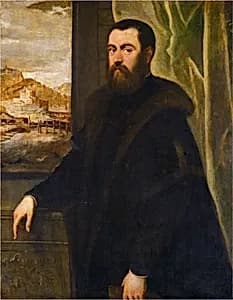 Portrait of a Man with a Landscape View by Jacopo Tintoretto, with landscape by Maarten de Vos