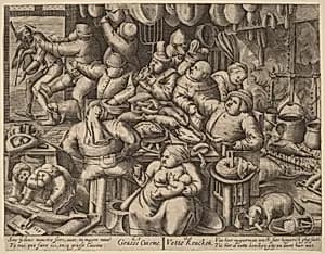 The Fat Kitchen by anonymous Netherlandish 17th Century engraver, after Pieter van der Heyden, after Pieter Bruegel the Elder