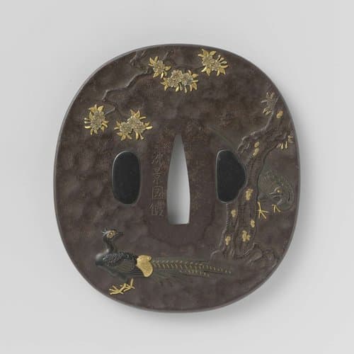 Hand guard with cherry trees and pheasants by Ishiguro Masatsune