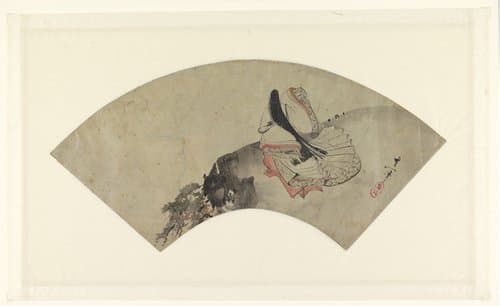 Waaierblad met een dichteres op een berg by Suzuki Kiitsu