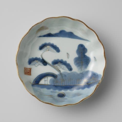 Schaal met geribde wand en een rivierlandschap by anonymous