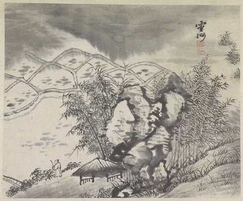 Berglandschap met links een herder die zijn os zoekt (?) by anonymous