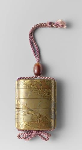 Inro met bamboegordijnen en kersenbloesems, ojime by anonymous