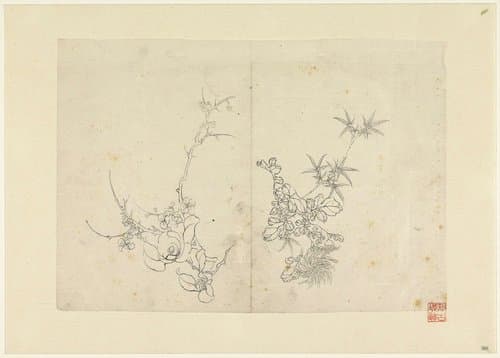 Schetsblad met wilde roos en een chrysant by anonymous