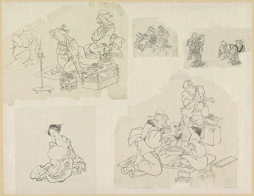 Vijf voorstellingen van mensen in verschillende situaties by Katsushika Hokusai