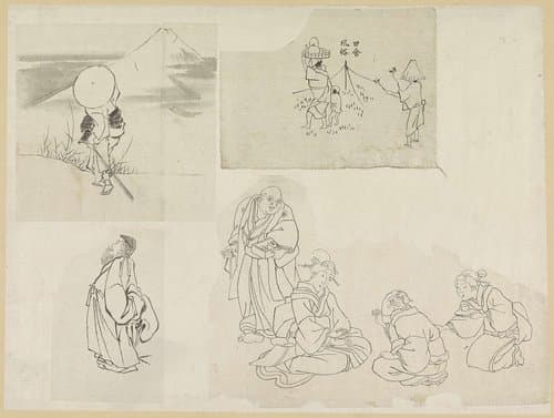 Vier scènes met verschillende figuren by Katsushika Hokusai
