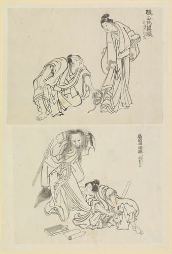 Twee toneelscènes, een met een man en een vrouw en een met een man en een vossenvrouw by Katsushika Hokusai