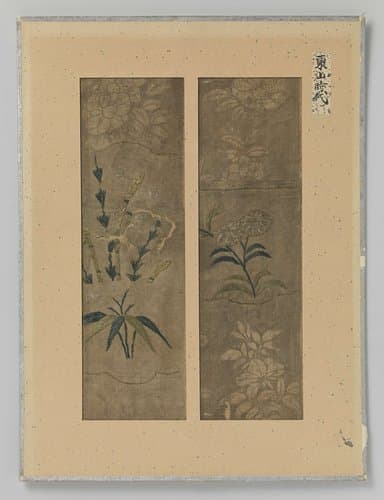 Twee textielfragmenten op een blad by anonymous