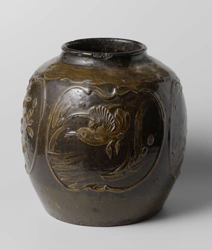Ovoid jar with birds and flowering plants in panel by anonymous
