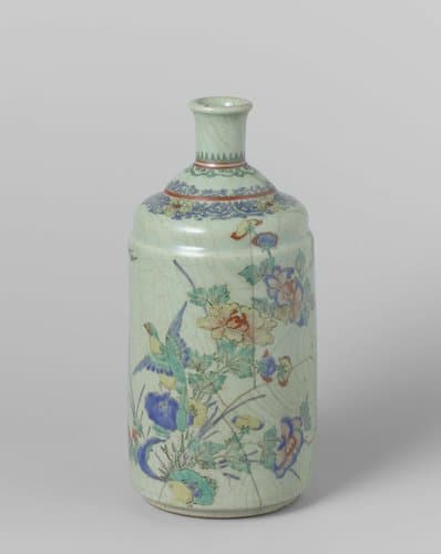 Sake bottle with a bird on a rock with flowering plants by anonymous