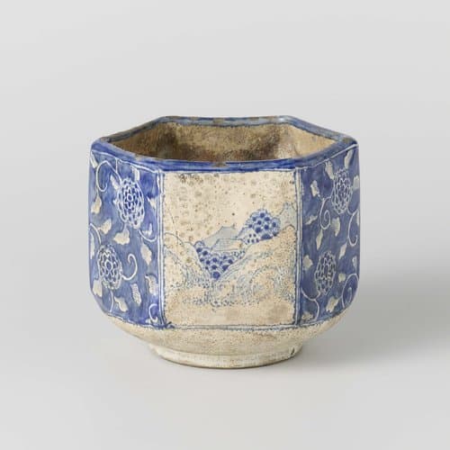 Hexagonal charcoal burner with water landscapes and floral scrolls by anonymous; anonymous