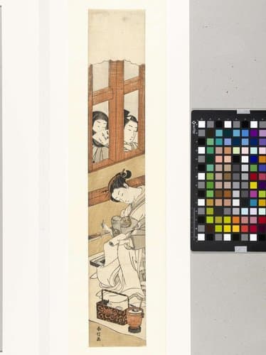Brief schrijvende courtisane bespied door twee mannen by Suzuki Harunobu