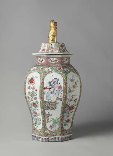 Octagonal, ovoid covered jar with flowering plants and figures in a fenced garden in panels by anonymous