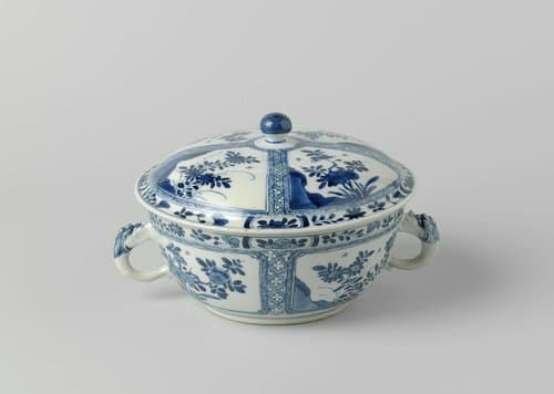 Covered bowl with flowering plants in panels by anonymous