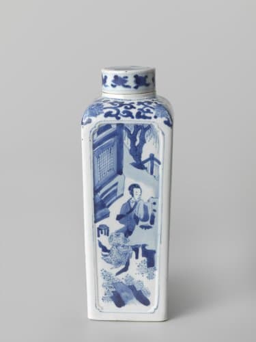 Vierkante pot met vrouwen in een landschap of tuin by anonymous