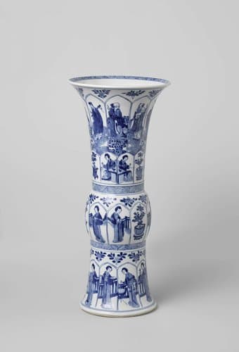 Gu-shaped beakervase with the Eight Immortals, women and flower pots in panels by anonymous