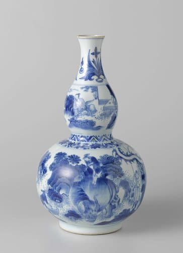 Double gourd-shaped bottle vase with continuous landscapes, ornamental borders and a tulip motif by anonymous