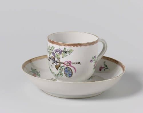 Cup with handle and saucer with the arms of the Visvliet and Sluymer families by anonymous