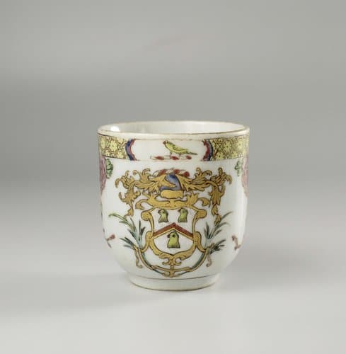 Cup with handle with a coat of arms and peony sprays by anonymous