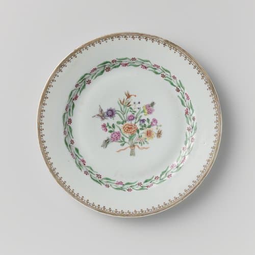 Plate with a bouquet, insects and floral scrolls by anonymous