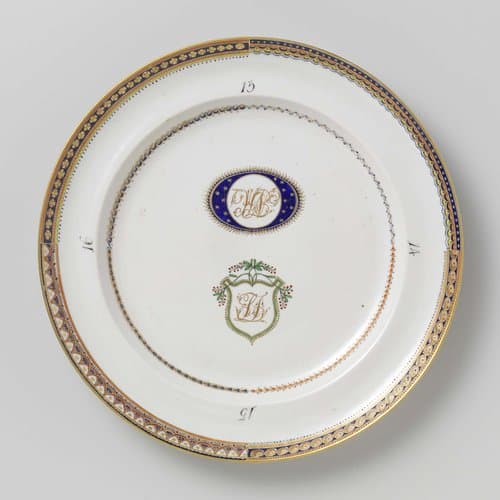 Pattern sample plate with two monograms and four numbered border desings by anonymous