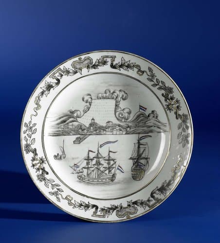 Bord met Hollandse schepen voor anker in de Tafelbaai by anonymous