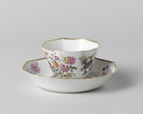 Octagonal cup and saucer with flower sprays by anonymous