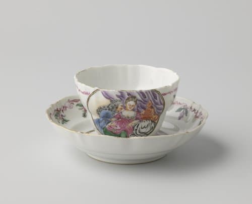 Cup and saucer with a man and woman in an interior by anonymous